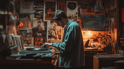 Fototapeta premium Man playing vinyl records in a vintage room.