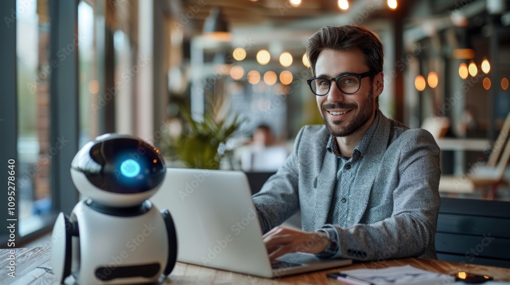 Poster man using laptop while interacting with a friendly robot in a modern cafe setting during daytime