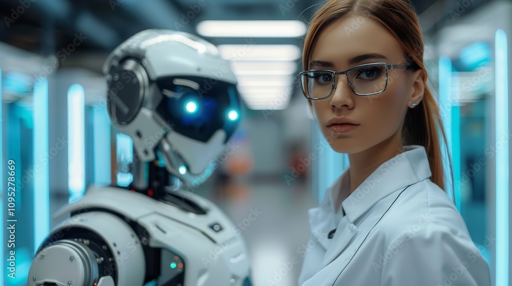 Poster young woman interacts with advanced robot in a futuristic laboratory setting during a technology dem