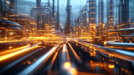 Fototapeta premium Illuminated Future: Abstract 3D Render of Innovative Refinery System with Glowing Energy Streams Symbolizing Fuel Processing Advancement