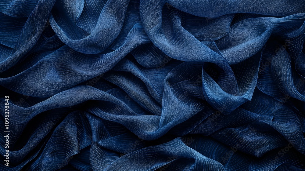 Poster elegant dark blue fabric draping with soft waves and textures creating a luxurious appearance