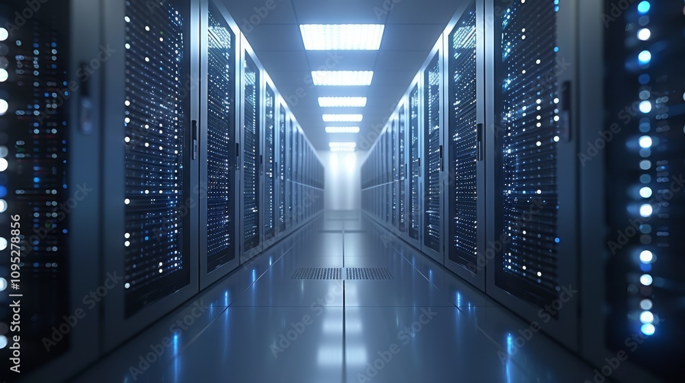 Poster high-tech data center corridor with glowing server racks illuminating the pathway in a modern facili