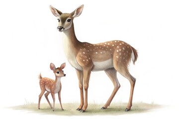 Deer Standing with Baby Deer - Wildlife Mother and Fawn Illustration
