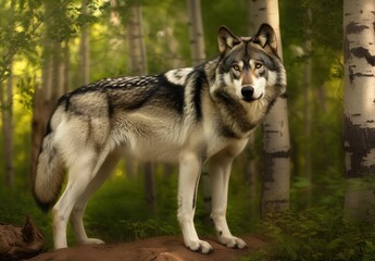 Majestic Wolf Stands Proudly in a Vibrant Forest Surrounded by Lush Greenery and Tall Birch Trees in Soft Natural Light, Portraying Wilderness and Natural Beauty