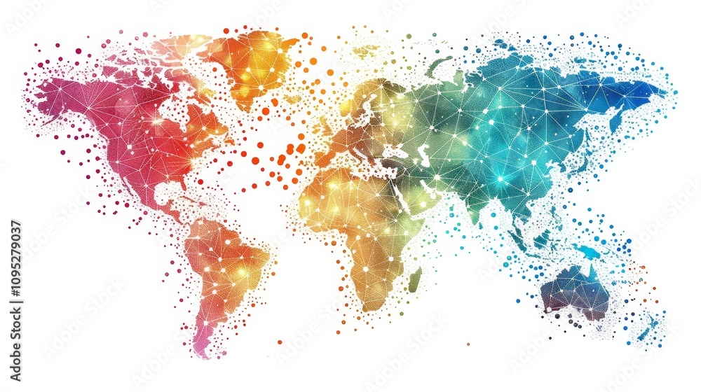 Poster colorful world map design illustrates global connectivity with vibrant dots representing different r