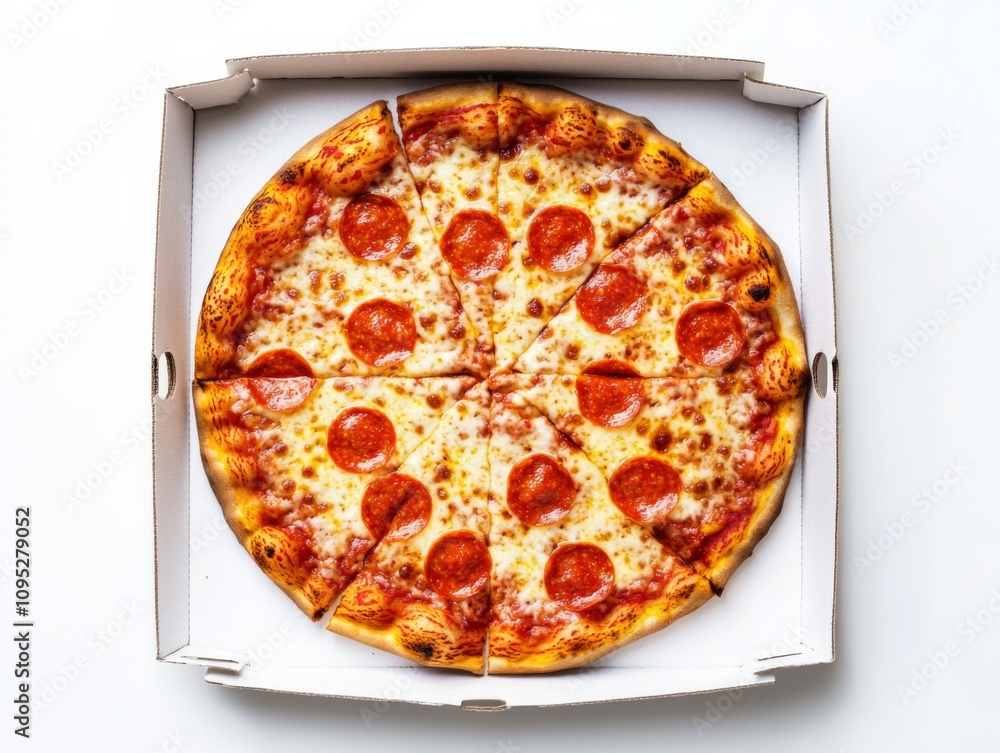 Aufkleber top-down view of an empty white pizza box mockup on a clean white background, showcasing a simple an