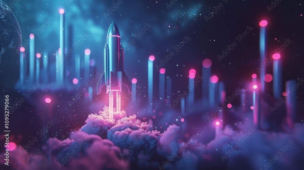 Poster rocket launches into a vibrant cosmic scene with glowing structures and colorful clouds amidst a sta