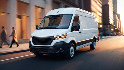 White delivery van navigating through an urban environment with a blurred city backdrop and warm tones