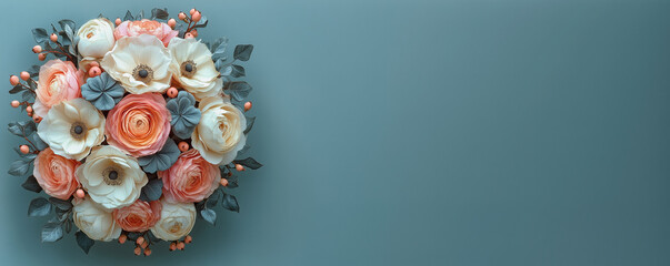 Obraz premium Banner with Biedermeier bouquet with pale peach roses and white poppies on grey background.