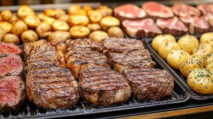 Gourmet Grilled Steak and Veggies on a Cafeteria Tray.Concept of Food photography,culinary art,restaurant dining,fast food,comfort food,Food photography,food blogging,restaurant marketing,fast-food ch