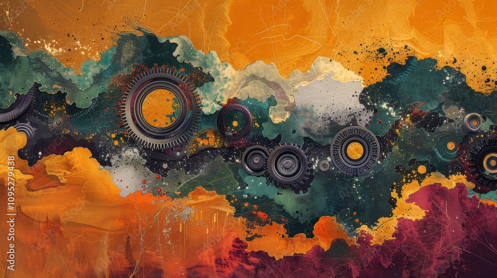 Poster colorful abstract mural with gears and swirling patterns displayed in a modern urban space