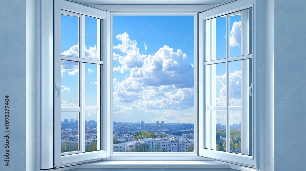 Poster Open window showing cityscape with cloudy sky in background