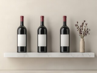 Luxury wine bottles housed in a crystalclear acrylic box with floating shelves, styled with modern sophistication