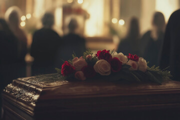 funeral scene, luxurious wooden coffin decorated with flowers and mourning  people in a distance 