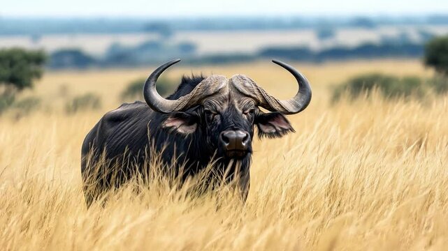 African buffalo standing in tall grass during a sunny day in the savannah