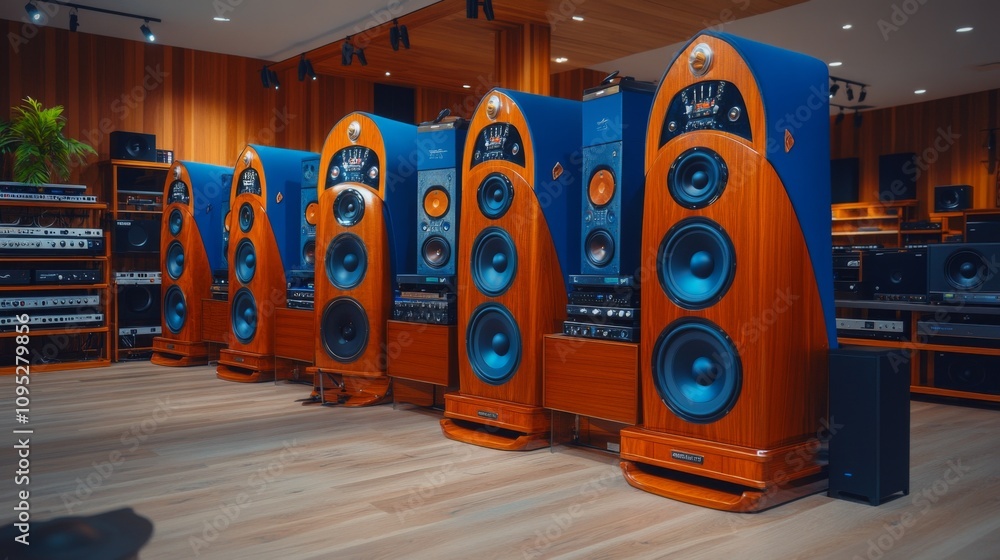 Poster high-end audio display with multiple vintage-style speakers set in a modern sound studio environment