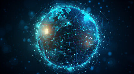Obraz premium A digital representation of the Earth with interconnected nodes and lines, symbolizing global connectivity and technology.