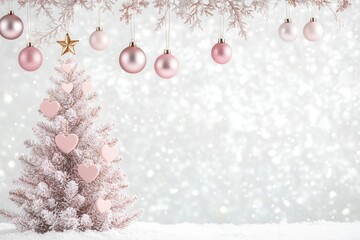 Frosted silver and pink Christmas wallpaper with ornaments and festive snowflakes
