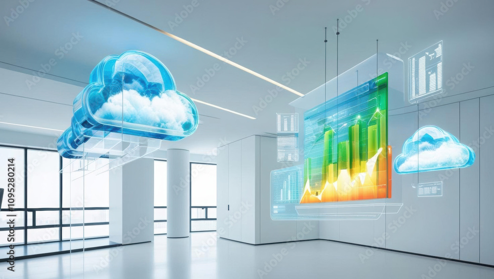 Poster futuristic office with ai driven cloud analytics, glowing graphs, and transparent data visuals creat