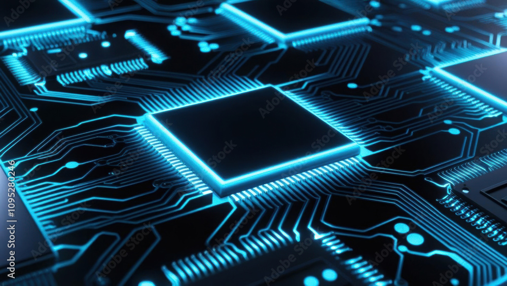 Poster close up view of integrated circuit patterns with glowing microchips, showcasing futuristic design i