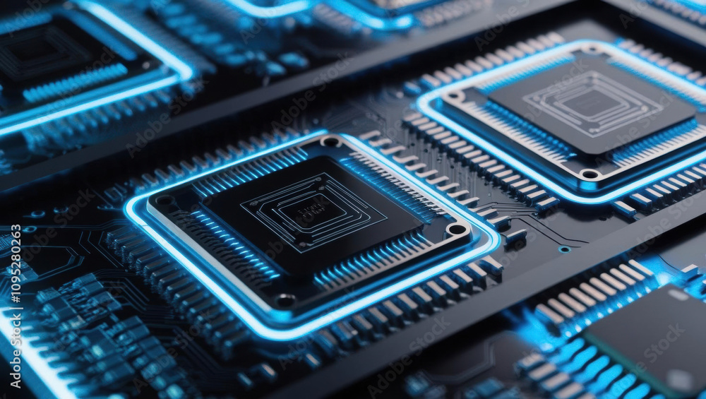 Poster close up view of integrated circuit patterns with glowing microchips, showcasing futuristic design i