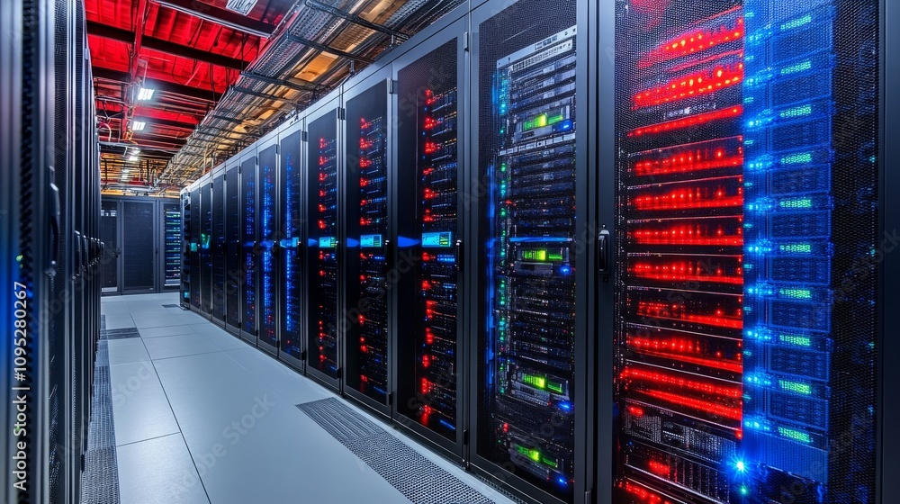 Poster illuminated server racks in modern data center
