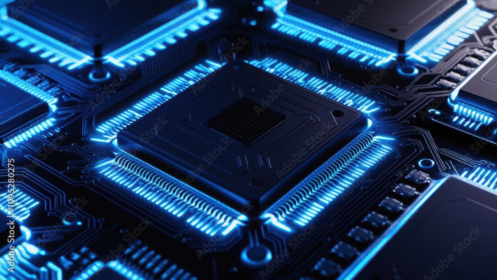 Poster close up view of integrated circuit patterns with glowing microchips, showcasing futuristic design i
