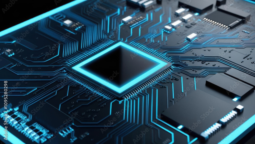 Poster close up view of integrated circuit with glowing microchips and print patterns, showcasing futuristi