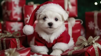 A cute puppy in a Santa hat surrounded by festive gifts, embodying holiday cheer.