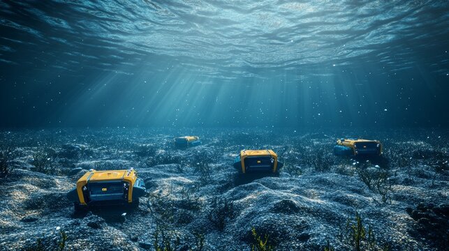 Tiny Explorers: Hydrogen-Powered Micro-Rovers Mapping the Ocean Floor.Concept of Sustainable ocean exploration, autonomous underwater vehicles (AUVs), environmental monitoring, seafloor mapping