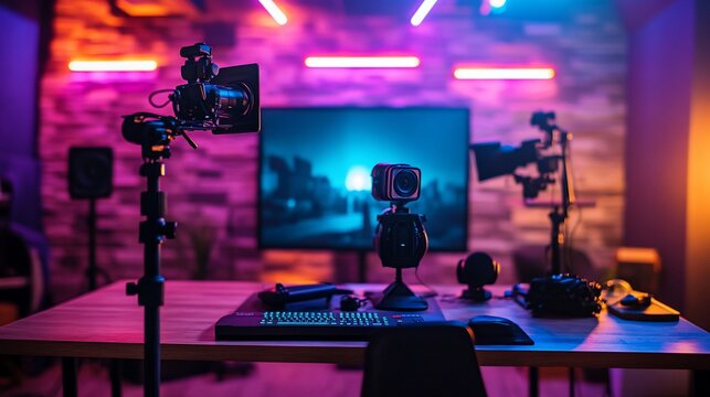 Neon-lit studio setup with cameras, monitor, and recording equipment.
