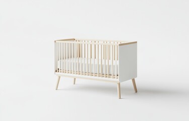 Minimalist white baby crib with light wood frame and pastel color scheme, featuring soft edges and natural elements, captured in side view on a pure white background.