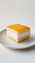柔らかいパステル調の背景に白い皿に載せられたおいしい層状ケーキ - デザートのインスピレーションやレシピのデザインに最適です