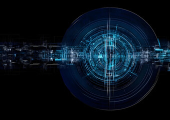 Obraz premium Futuristic Digital Background Featuring Circular Blue Patterns with Abstract Lines and Geometric Elements for Technology and Design Projects