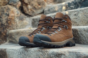 Naklejka premium Brown Hiking Boots Stepping Outdoors