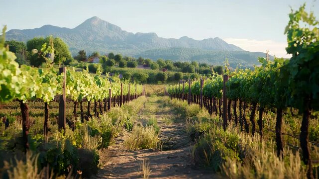Lush vineyard illuminated by sunlight in Italy. European agriculture business. Winemaking farm summer scenic natural landscape. Outdoor Mediterranean grape plantation, warm sunny summer scenery.