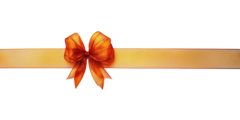 copper organza orange ribbon bow with long straight silk strips isolated on transparent background, gift wrap decoration design