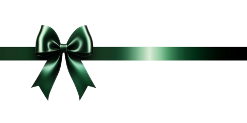 Dark green satin ribbon bow with long straight silk strips isolated on transparent background, gift wrap decoration design