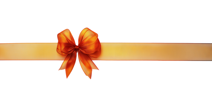 copper organza orange ribbon bow with long straight silk strips isolated on transparent background, gift wrap decoration design