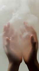 Fototapeta premium Gentle Hands Reaching Through a Misty Veil, Presenting a Contrast of Pale Skin and Dark Liquid, Evoking a Sense of Mystery and Intrigue in Artistic Imagery