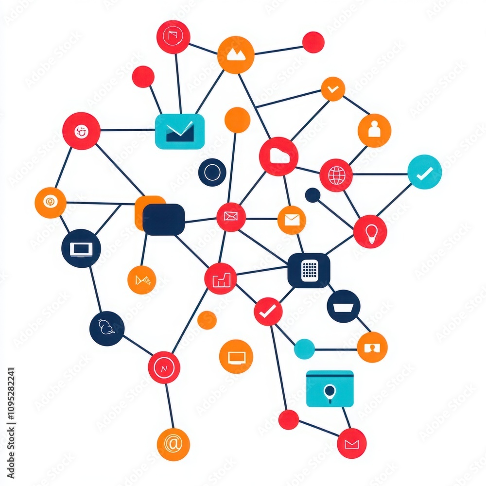Poster colorful network connection visualization with various icons representing communication, data, and s