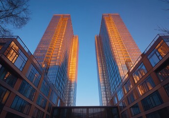 Modern skyscrapers reflecting golden sunlight at dusk, showcasing contemporary architecture and urban landscape in a vibrant city atmosphere