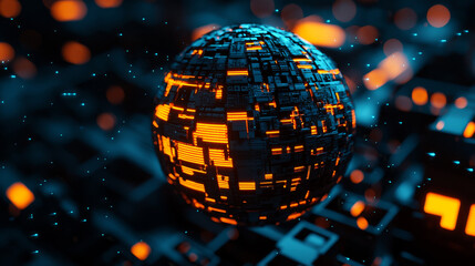 Anti tracking technology concept. Futuristic digital sphere with glowing orange patterns and blue accents