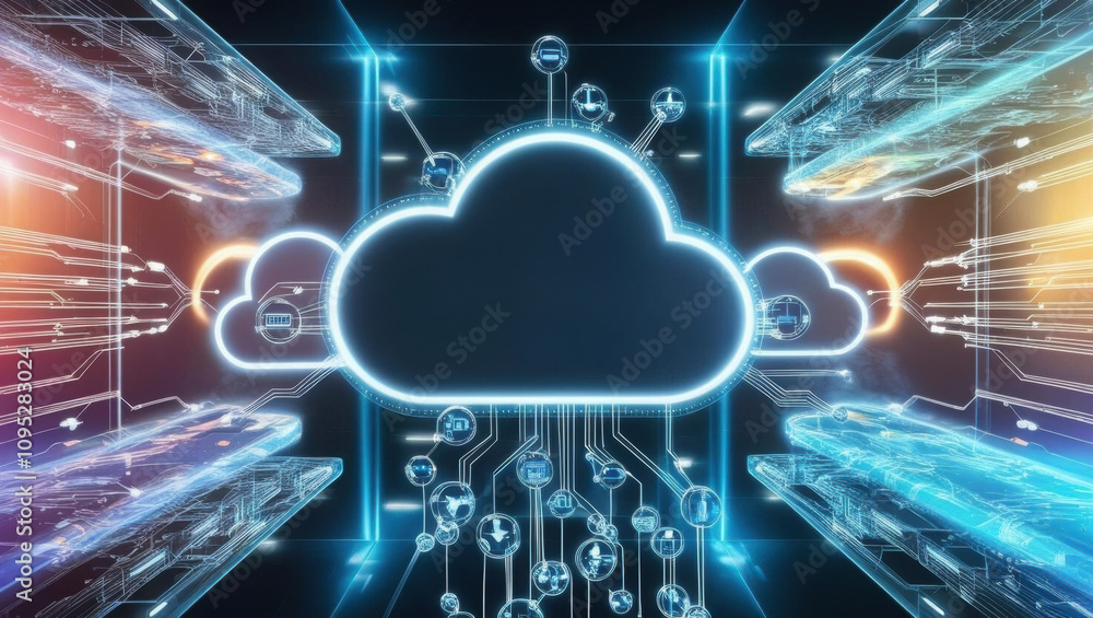 Poster futuristic cloud computing concept with glowing networks and holographic connections, showcasing adv