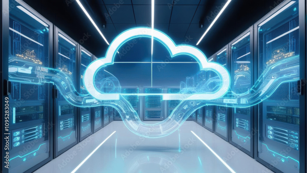 Aufkleber futuristic server room with holographic cloud data streams and glowing accents. this captures essenc