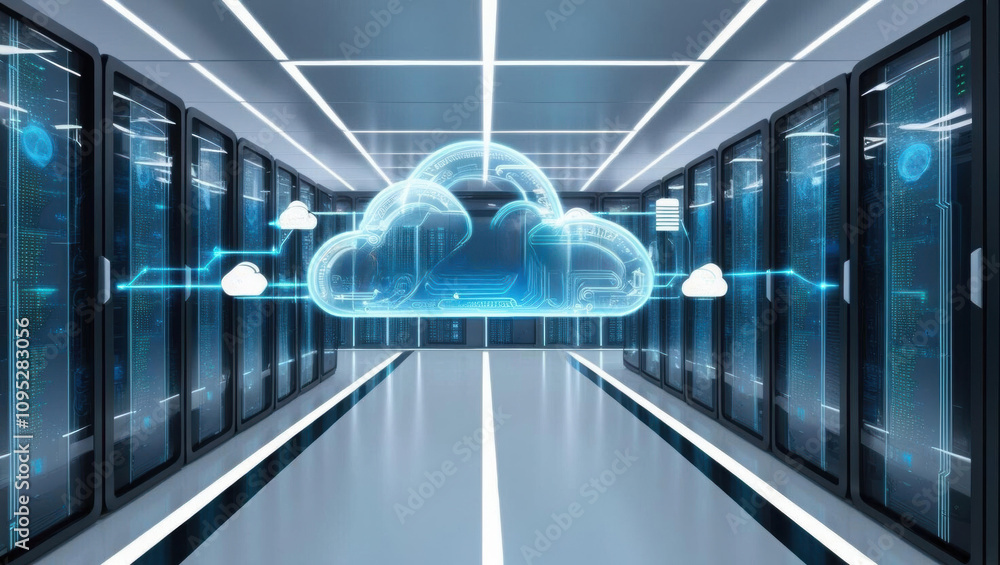 Poster futuristic server room with holographic cloud data streams and glowing accents. advanced technology 