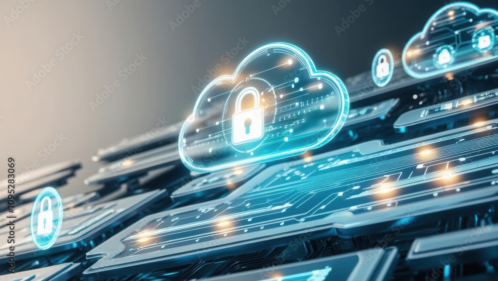 Poster cloud security visualization features glowing holographic icons and layered tech grid, showcasing ad