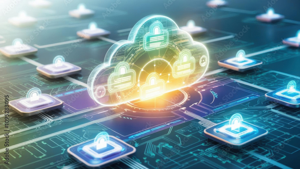 Aufkleber cloud security visualization features glowing holographic icons and layered tech grid, showcasing ad