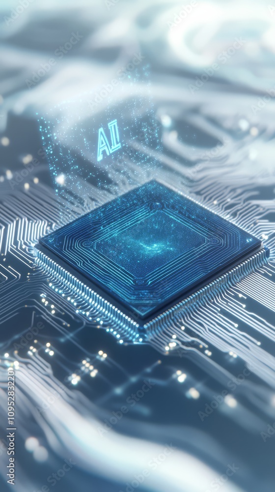 Poster ai chip visual: a close-up shot features a luminous ai chip, its intricate design and circuit patter