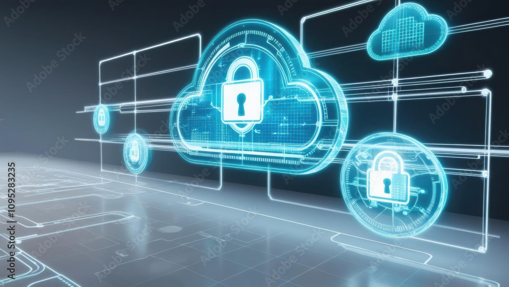 Poster cloud security visualization with glowing holographic icons and layered tech grid creates advanced d